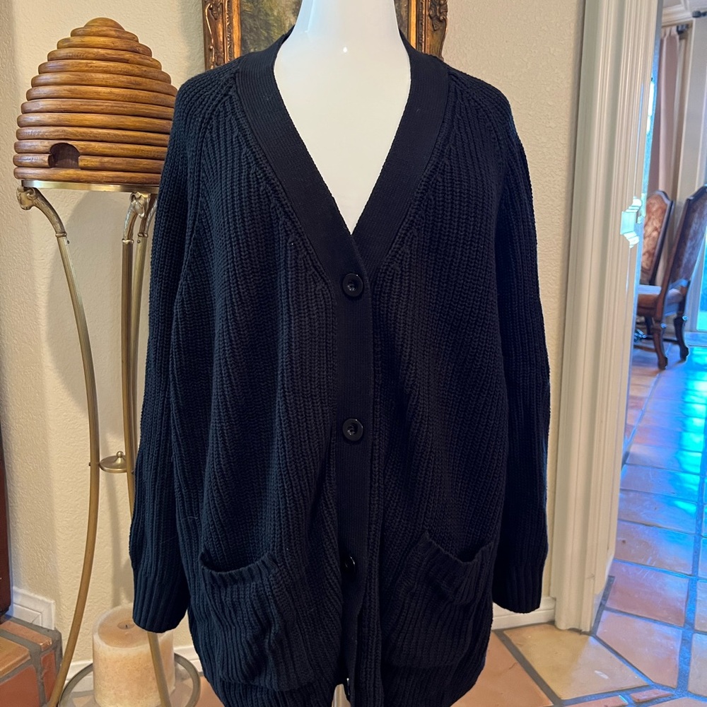 Woman Within Black Ribbed Cardigan, Sz 4XL Botton Front Pockets NWT